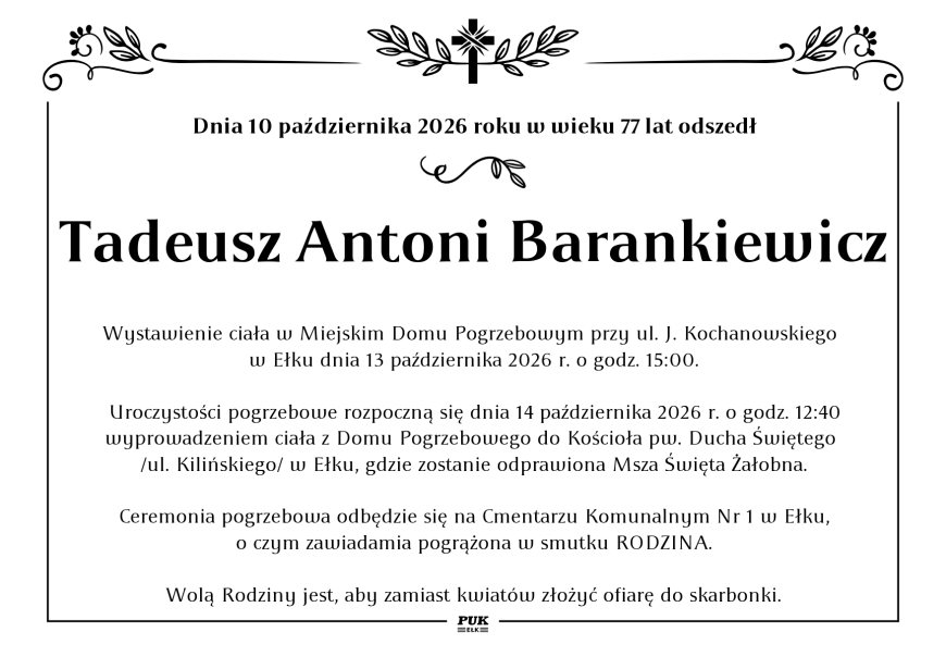 Tadeusz Antoni Barankiewicz - nekrolog